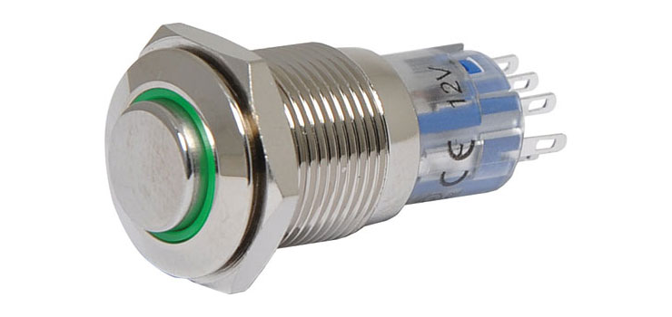 DPDT Alternate LED Green Solder Tail Pushbutton Switch